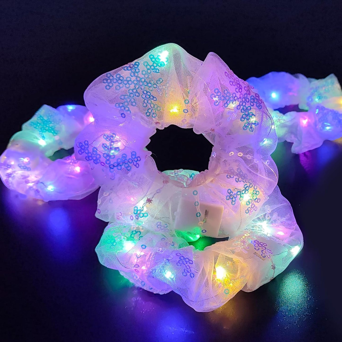 4 Pcs Christmas Light Up Hair Accessories for Girls Women, Sparkly Sequins Hair Scrunchies, LED Hair Tie for Movie Night Supplies, Glow in The Dark Scrunchies for Rave Neon Slumber Party