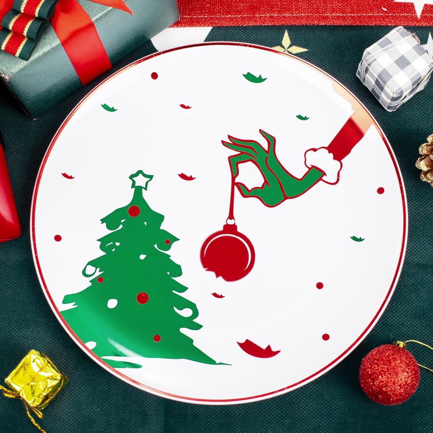 WELLIFE 60pcs Christmas Plates-30 Plastic Green Monster Dinner Plates and 30 Green Monster Dessert Plates,Red and green Plastic Plates with Christmas Tree Patterns