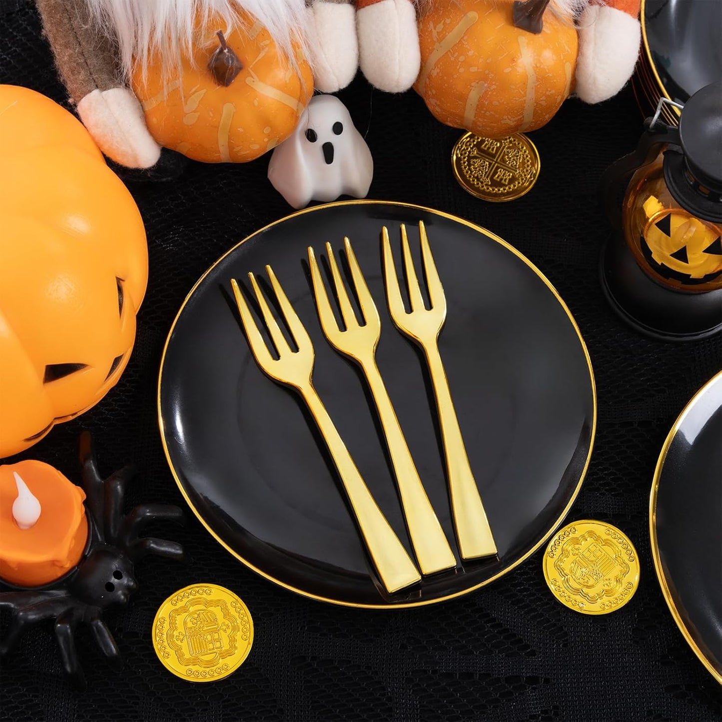 Festiva 200Pcs Black Gold Dessert Plates 6.3" with Plastic Forks 5"- Small Disposable Plates- Dessert/Cake/Appetizer Plastic Plates include 100Plates 100Forks for Christmas Party&Halloween&New Year