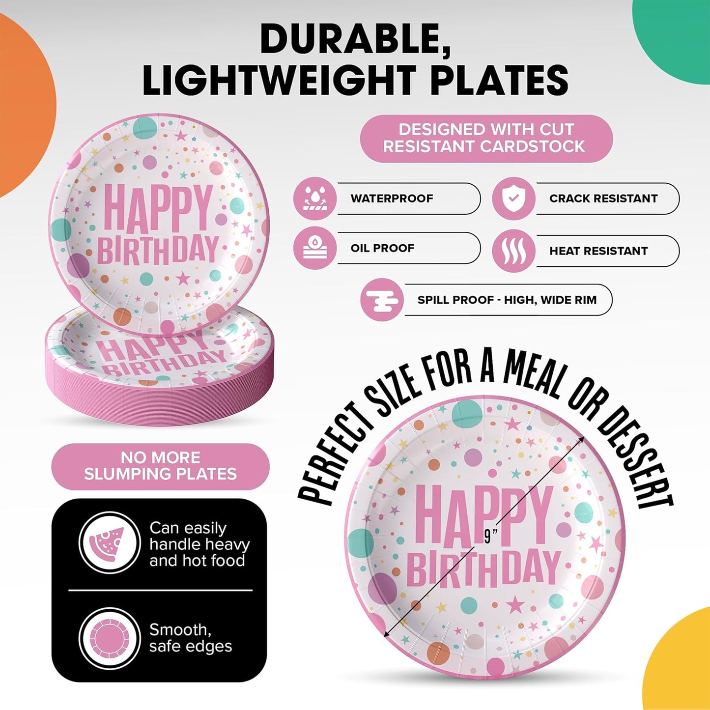 Exquisite Pink Happy Birthday Plates 9" Birthday Paper Plates 100 Pcs Pink Party Plate | Disposable Heavy Duty 350 Gsm Disposable Plate For Party Supplies And Decorations