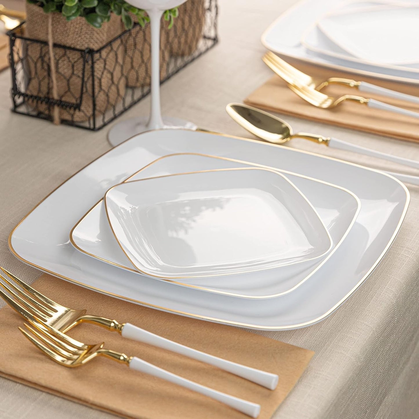 PLASTICPRO Square 128 Piece Combo Plates Set includes 64 x 7'' inch Plates & 64 x 10'' inch Dinner Plates White Plastic Gold Rim Design Party Plates, Premium heavyweight Elegant, Dishes,