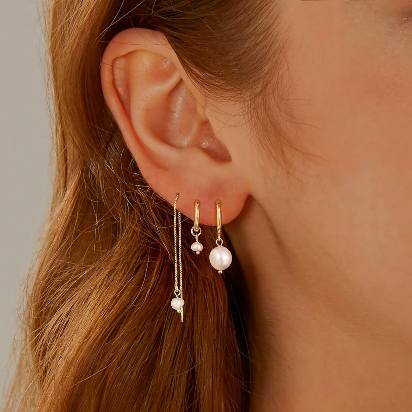 Moodear Gold Earrings for Women No Tarnish - Trendy 14K Gold Plated Pearl Hoop Studs Chain Earrings Stacks for Women Wedding Jewelry Gift