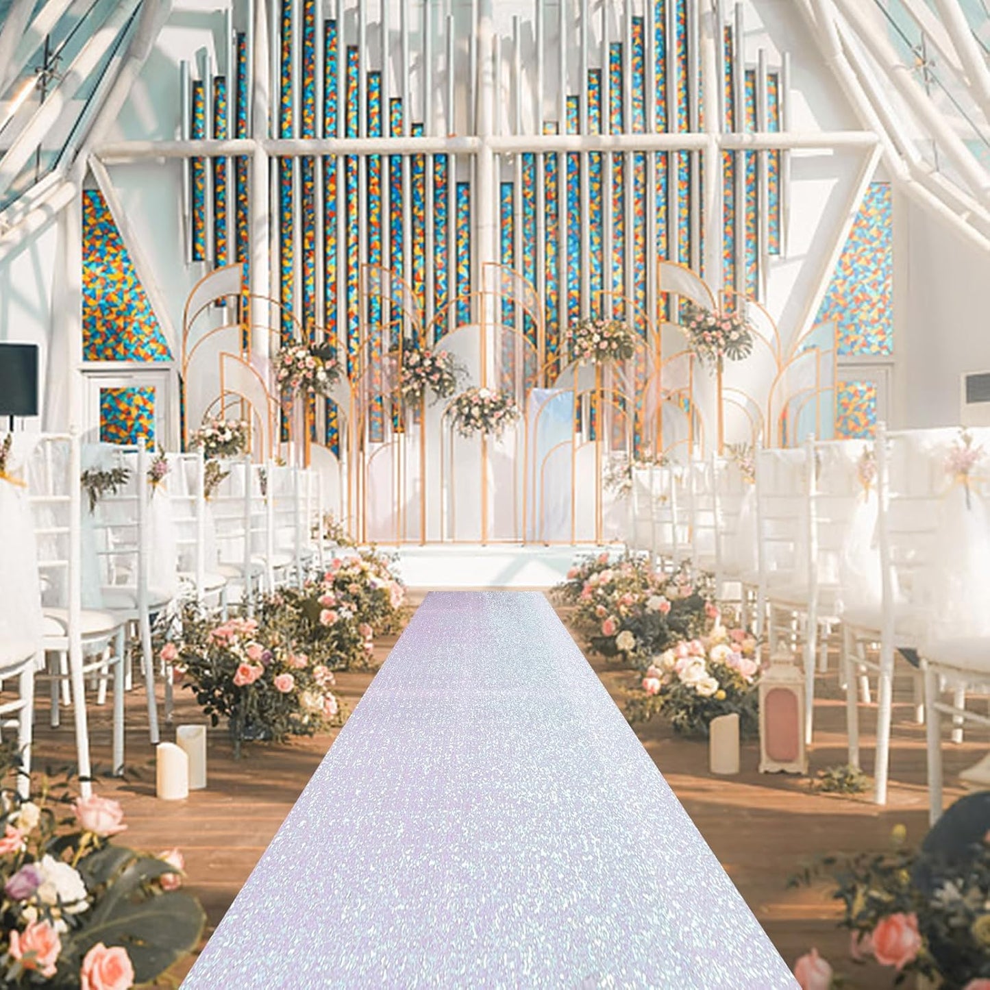 PartyDelight Wedding Aisle Runner Iridescent White 2.6FTx15FT Sequin Carpet Sparkly Rug for Ceremony Indoor Outdoor Engagement Decoration