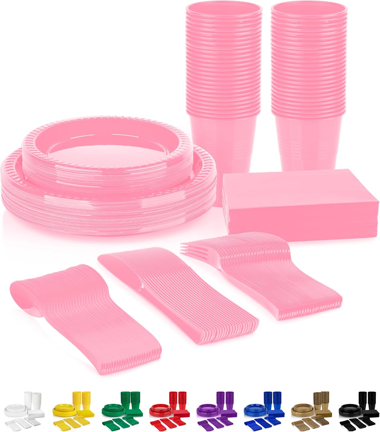 Grandipity 350 Piece Pink Disposable Dinnerware Set, Includes 50 of Each: 9" Dinner Plates, 7" Dessert Plates, 12oz Cups, Paper Napkins, Forks, Knives & Spoons