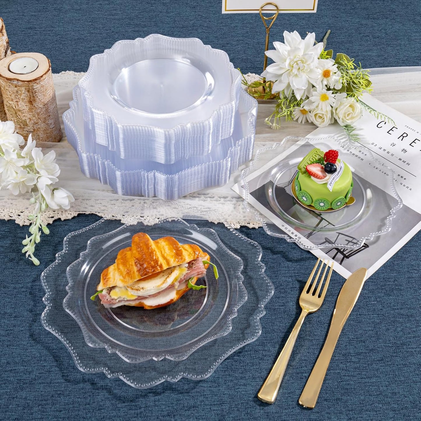 COLOSUS 100pcs Clear Plastic Plates - Heavy Duty Plastic Plates Disposable for Party/wedding Include 50pcs Dinner Plates and 50pcs Dessert Plates.