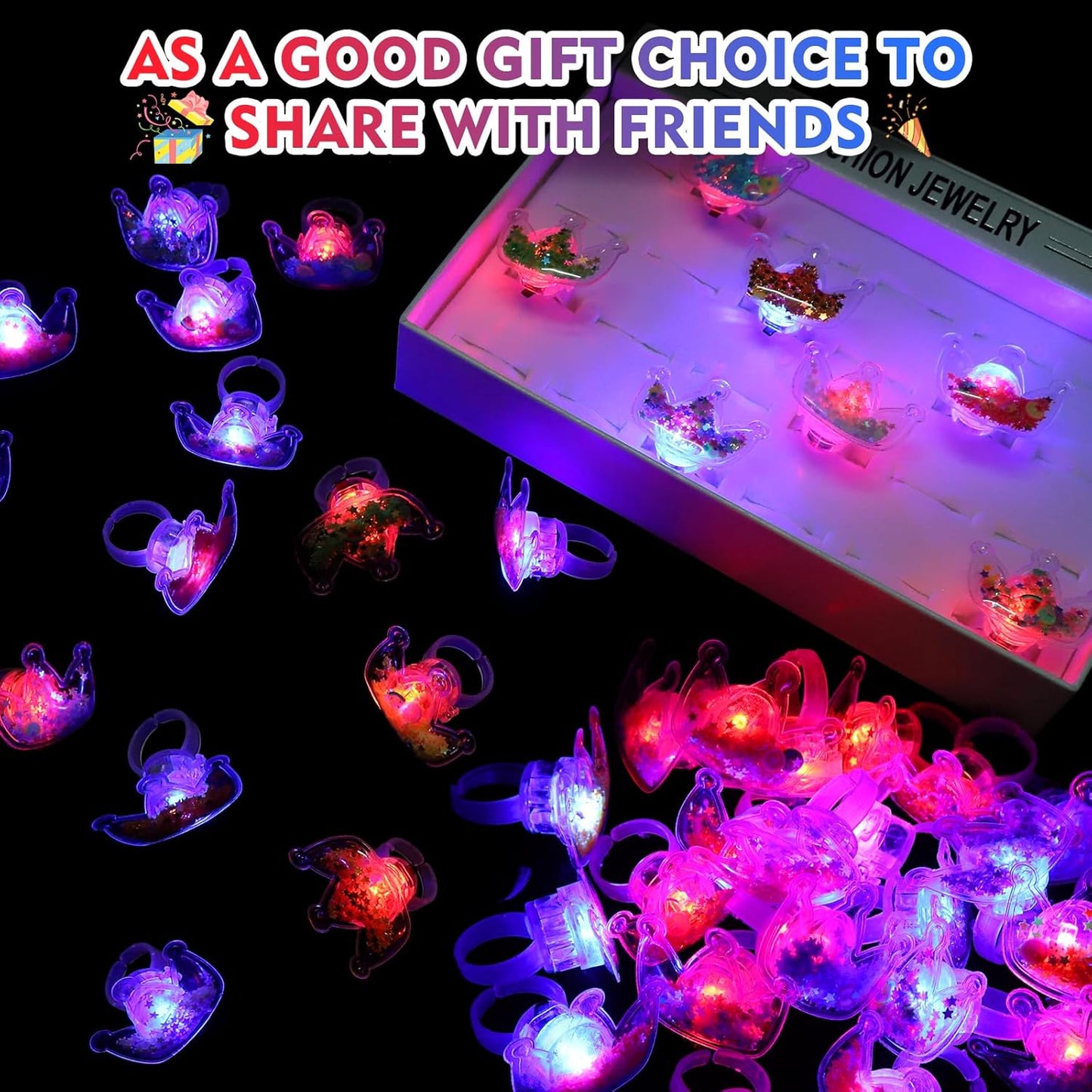 TUWUNA Princess Party Favors 24 Pcs Glitter Crown LED Light Up Rings Glowing Finger Rings Toys for Princess Birthday Party Supplies Classroom Prizes Pinata Goodie Bag Stuffers Gifts