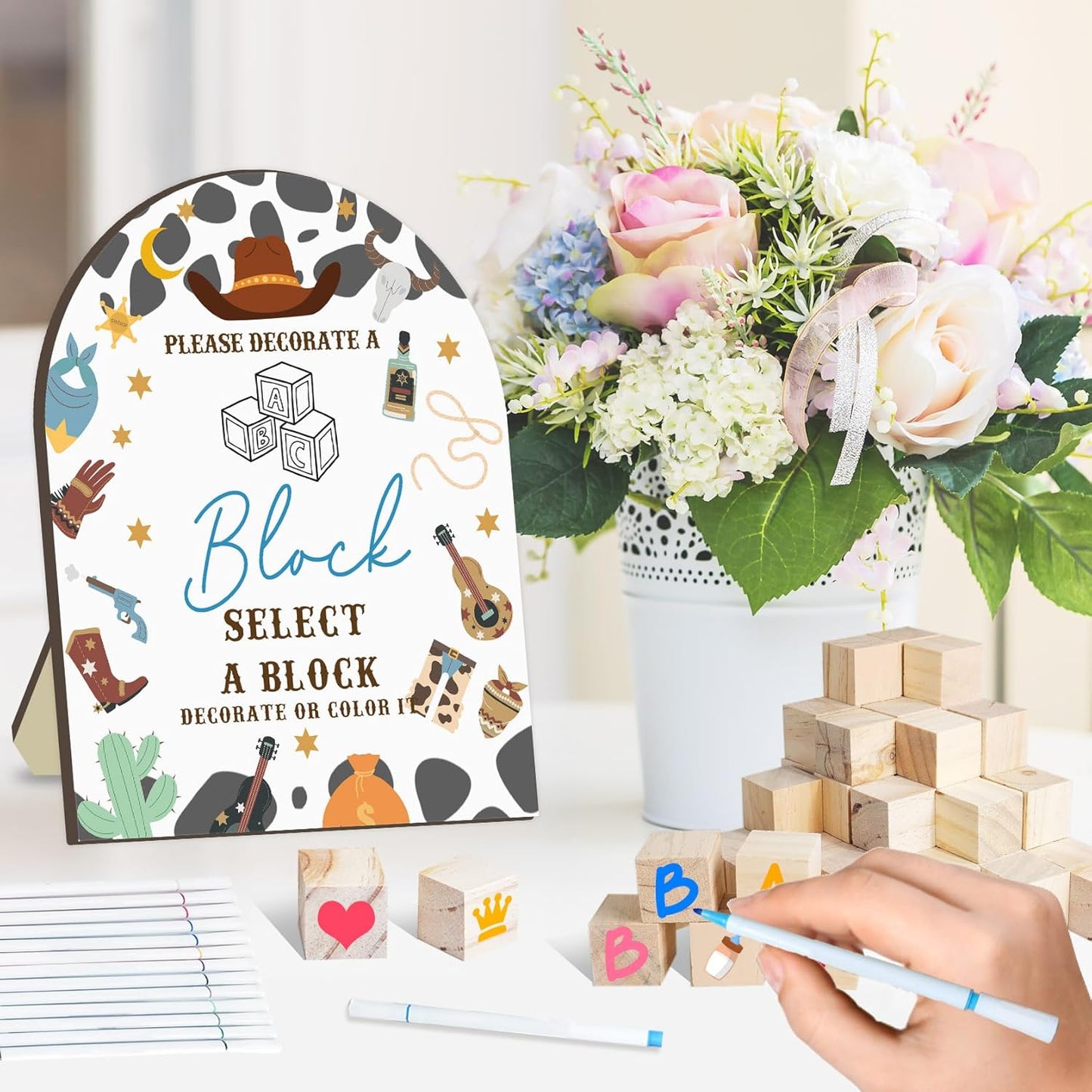 Cowboy Baby Shower Games Kit, Wild Western Baby Shower Decor, Cowboy Babies Games with 50 Blank Wooden Blocks, 24 Acrylic Paint Marker and Wooden Sign, Wild Western Games Blocks Sign for Boys Girls