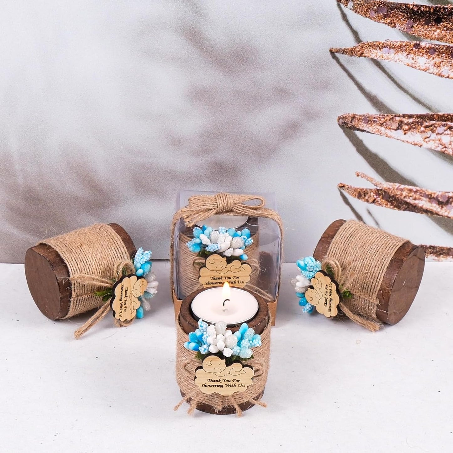 HTF Pack of 10 Baby Shower Decorations Wood Tealight Candle Holder, Babyshower Gifts, Gender Reveal Favors, Baby Shower Favors Wood Candle Holders (BS-Blue, Dark Brown)