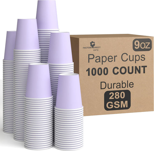 Party Solids Lavender Paper Cups 9 oz Durable Disposable Cups 1000 Paper Tumblers for Hot Drinks and Cold Drinks Thick 280 GSM Hot Cup for Tea & Coffee Cup To Go Fun Colors for Parties & Events