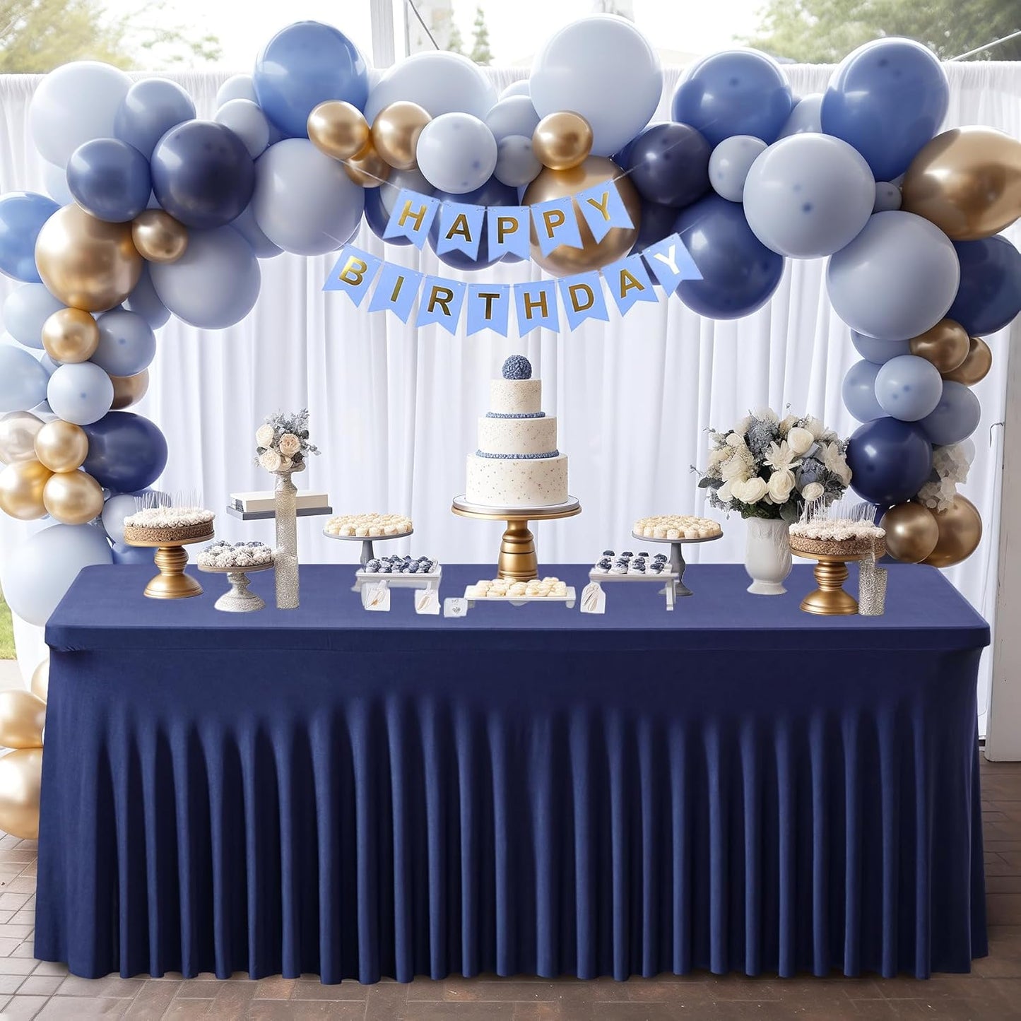 4 Packs Navy Blue Table Clothes for 6 Foot Rectangle Tables, One-Piece Wrinkle Resistant Stretch Spandex Table Covers with Table Skirt for Event Banquet Wedding Birthday Party