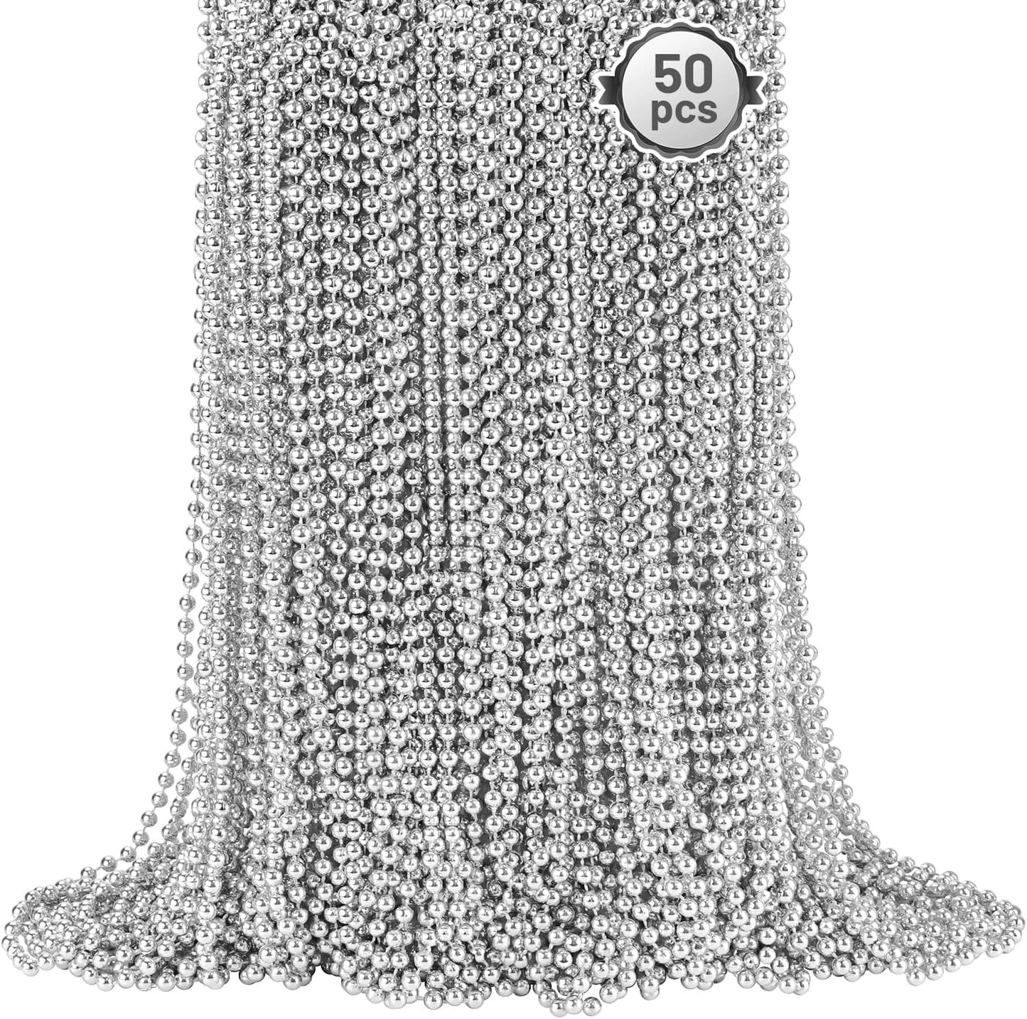 SHAOQINLIN 50 PCS Silver Mardi Gras Beads, 33" Silver Christmas Necklace, Metallic Patriotic Beads Necklaces, Parade Throws Accessories for Christmas Independence Day New Year Party Favors