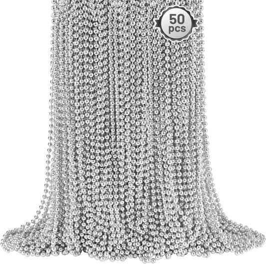 SHAOQINLIN 50 PCS Silver Mardi Gras Beads, 33" Silver Christmas Necklace, Metallic Patriotic Beads Necklaces, Parade Throws Accessories for Christmas Independence Day New Year Party Favors