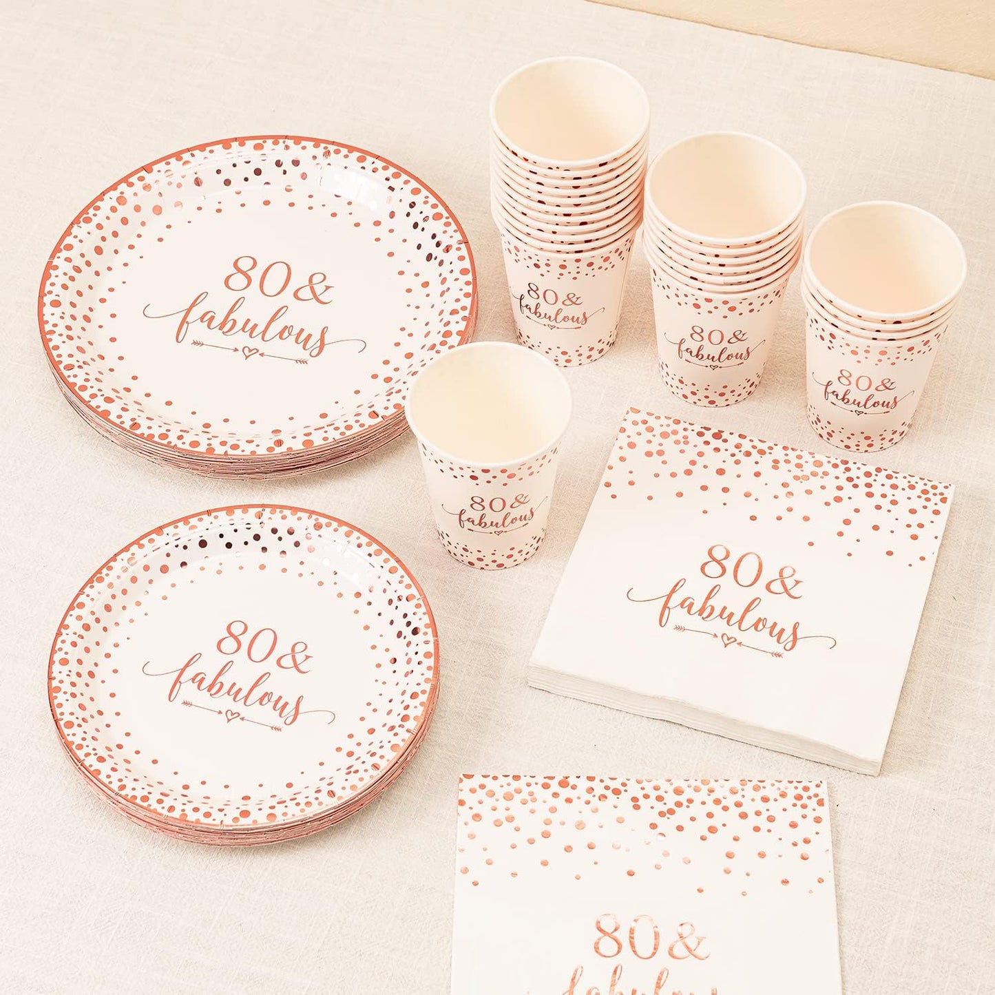 Crisky Rose Gold Foil 80 Fabulous Napkins Plates Cups Set for Women 80th Birthday Party Decorations Supplies, Disposable Tableware Set of 24 (9" Plates, 7" Plates, Luncheon Napkins, 9oz Cups)