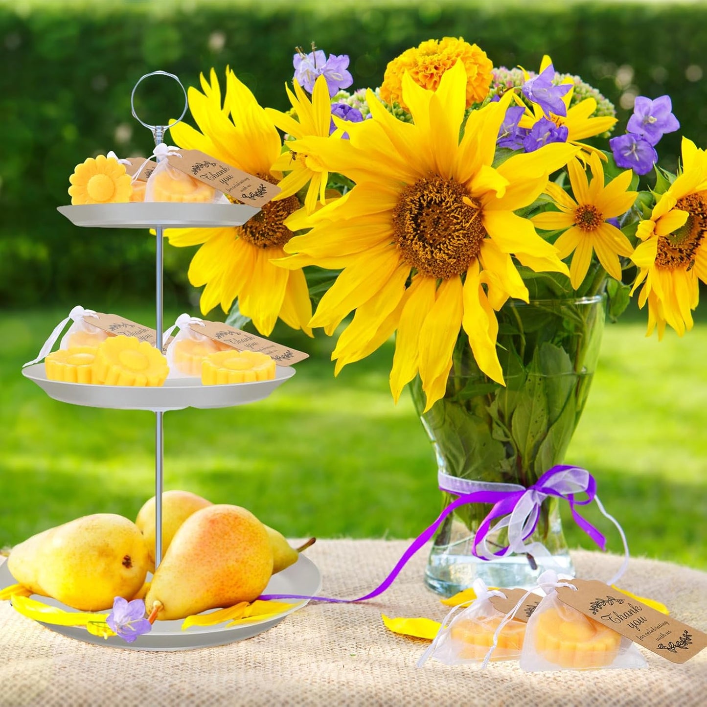 25 Set Sunflower Mini Soap for Wedding Party Favors Bridal Shower Favors Baby Shower Soap Guests Gifts Small Handmade with Drawstring Organza Bags and Thank You Cards(Yellow)