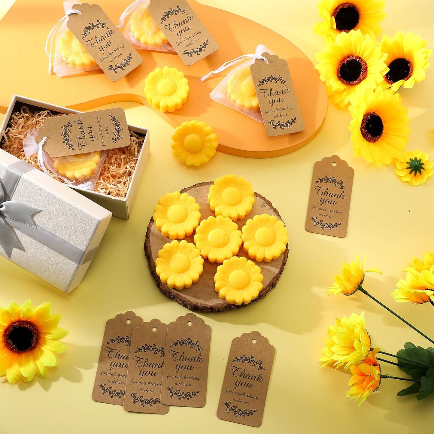 25 Set Sunflower Mini Soap for Wedding Party Favors Bridal Shower Favors Baby Shower Soap Guests Gifts Small Handmade with Drawstring Organza Bags and Thank You Cards(Yellow)