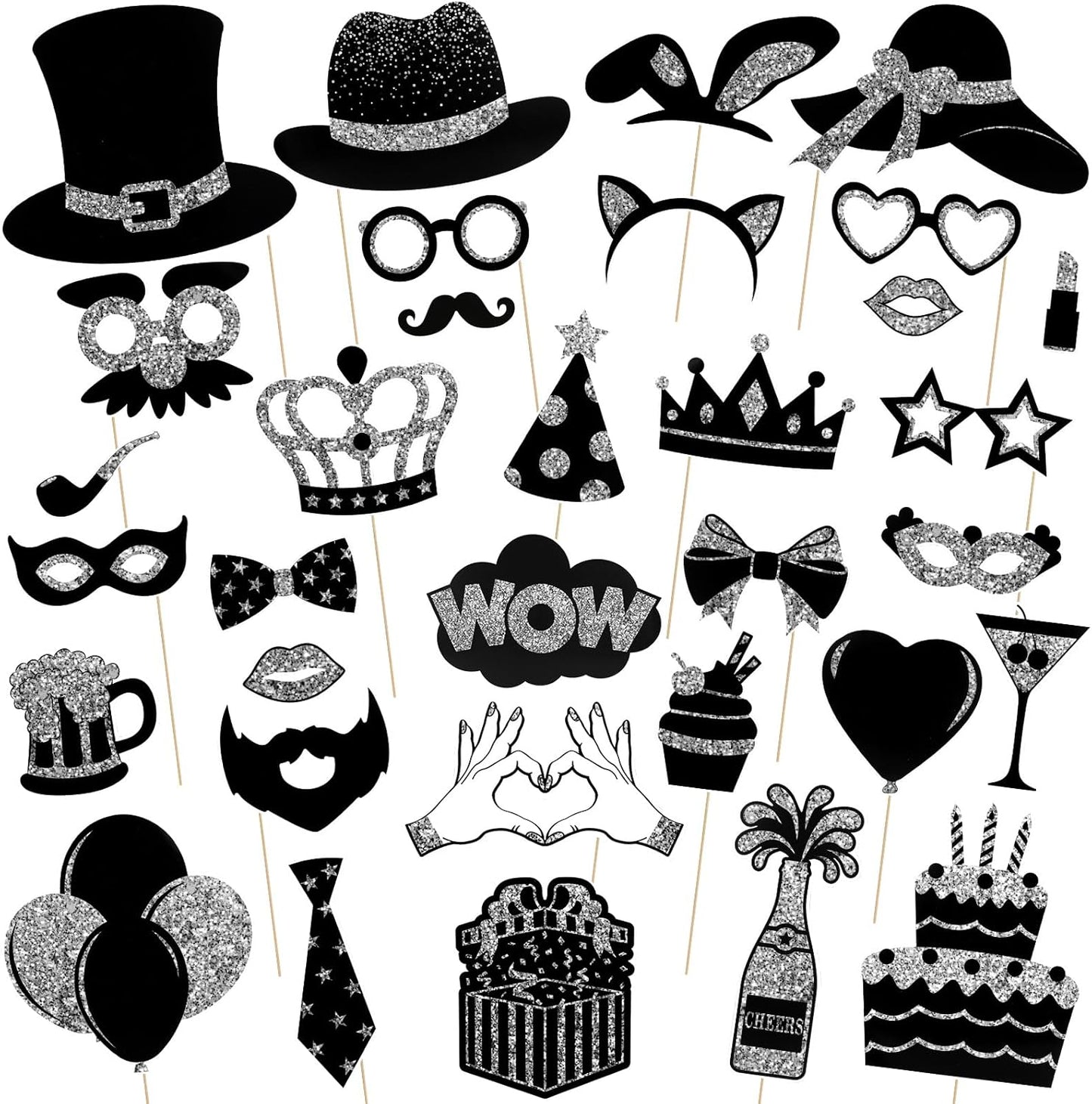 36PCS Silver and Black Photo Booth Prop, Party Photo Booth Props for Photoshoot Birthday Party Photobooth New Year Graduation Anniversary Halloween