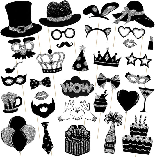 36PCS Silver and Black Photo Booth Prop, Party Photo Booth Props for Photoshoot Birthday Party Photobooth New Year Graduation Anniversary Halloween