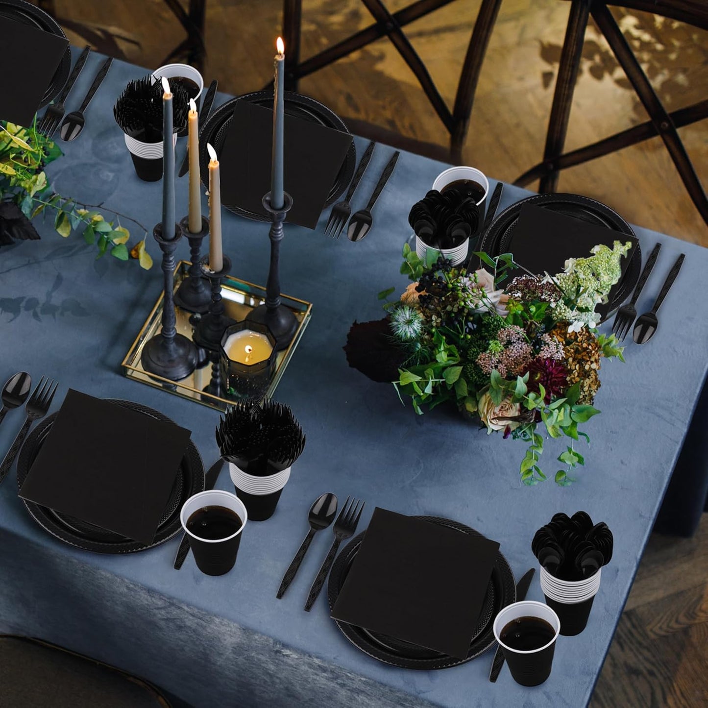 Aodaer 400 Pieces Black Party Supplies Disposable Dinnerware Set Include Plastic Plates Cups Knives Forks Spoons Paper Napkins for Birthday Wedding Graduation Parties, Serve 50 Guests