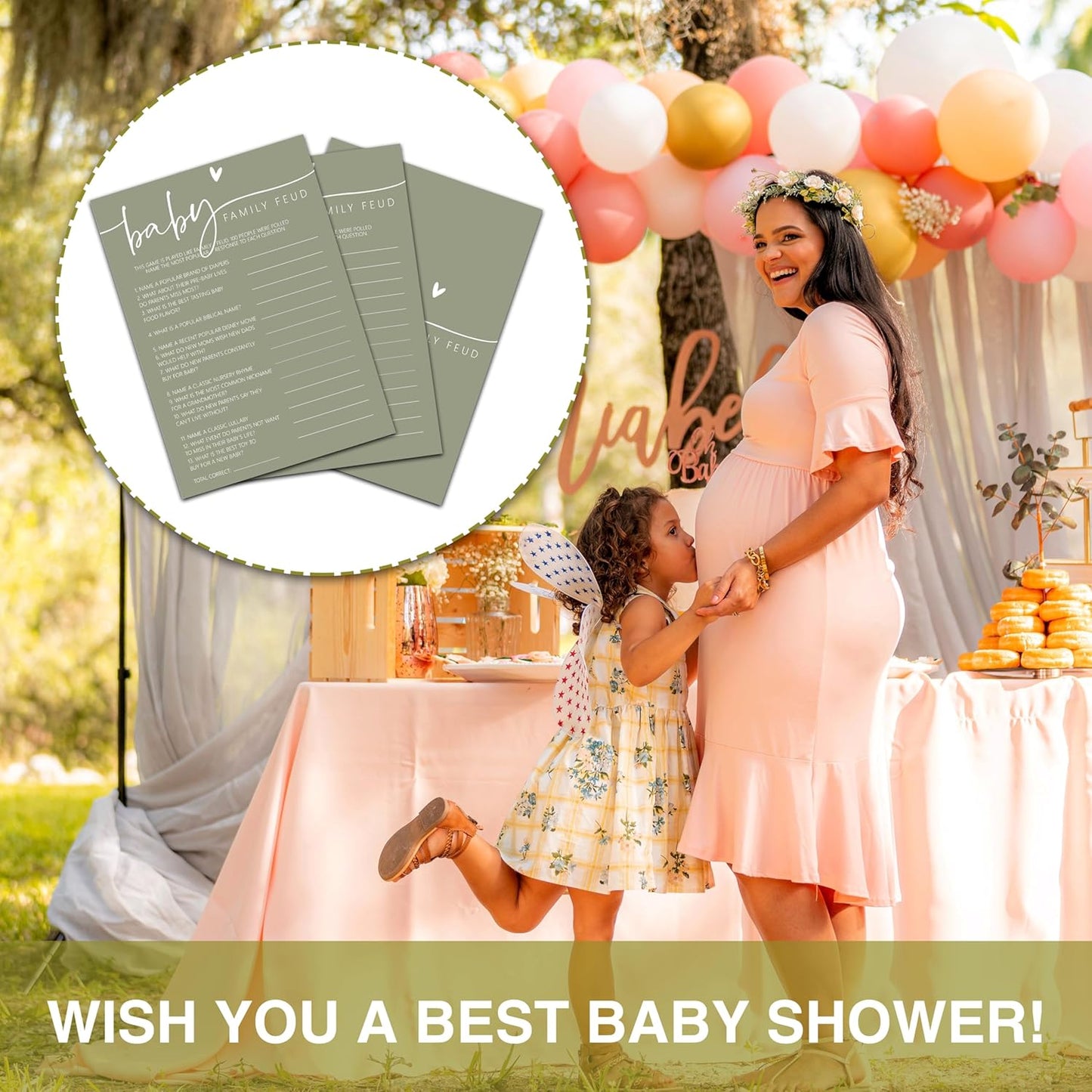 ONDTOM Olive Baby Shower Games, Family Feud, Minimalism Baby Gender Reveal Party Game, Pregnant Celebration Decoration Supplies (5"x7")