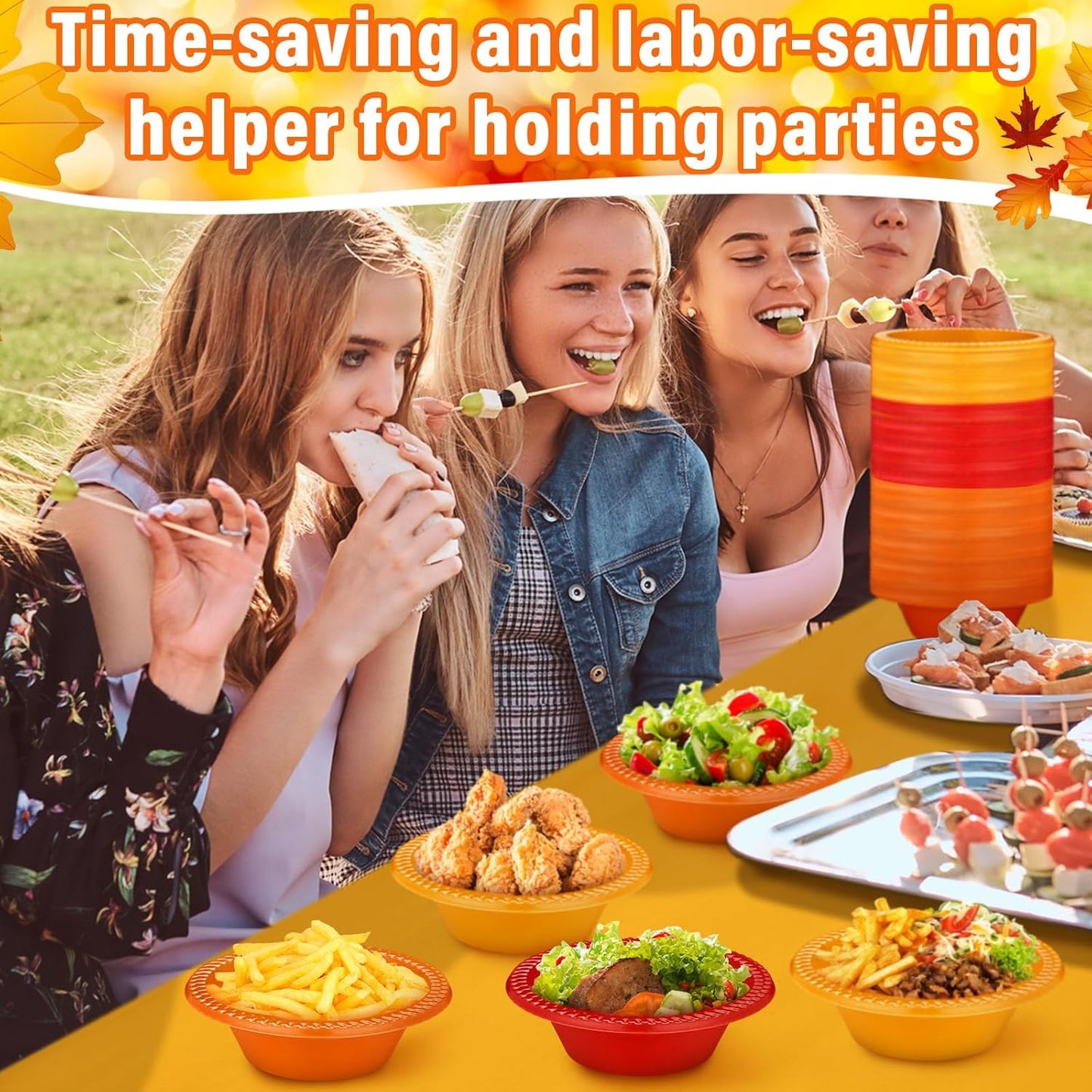 Layhit 100 Pcs Thanksgiving Plastic Bowls 12 oz Disposable Salad Yellow Red Orange Plastic Serving Autumn Party Supplies Candy Snack Bowls for Thanksgiving Harvest Party Picnic