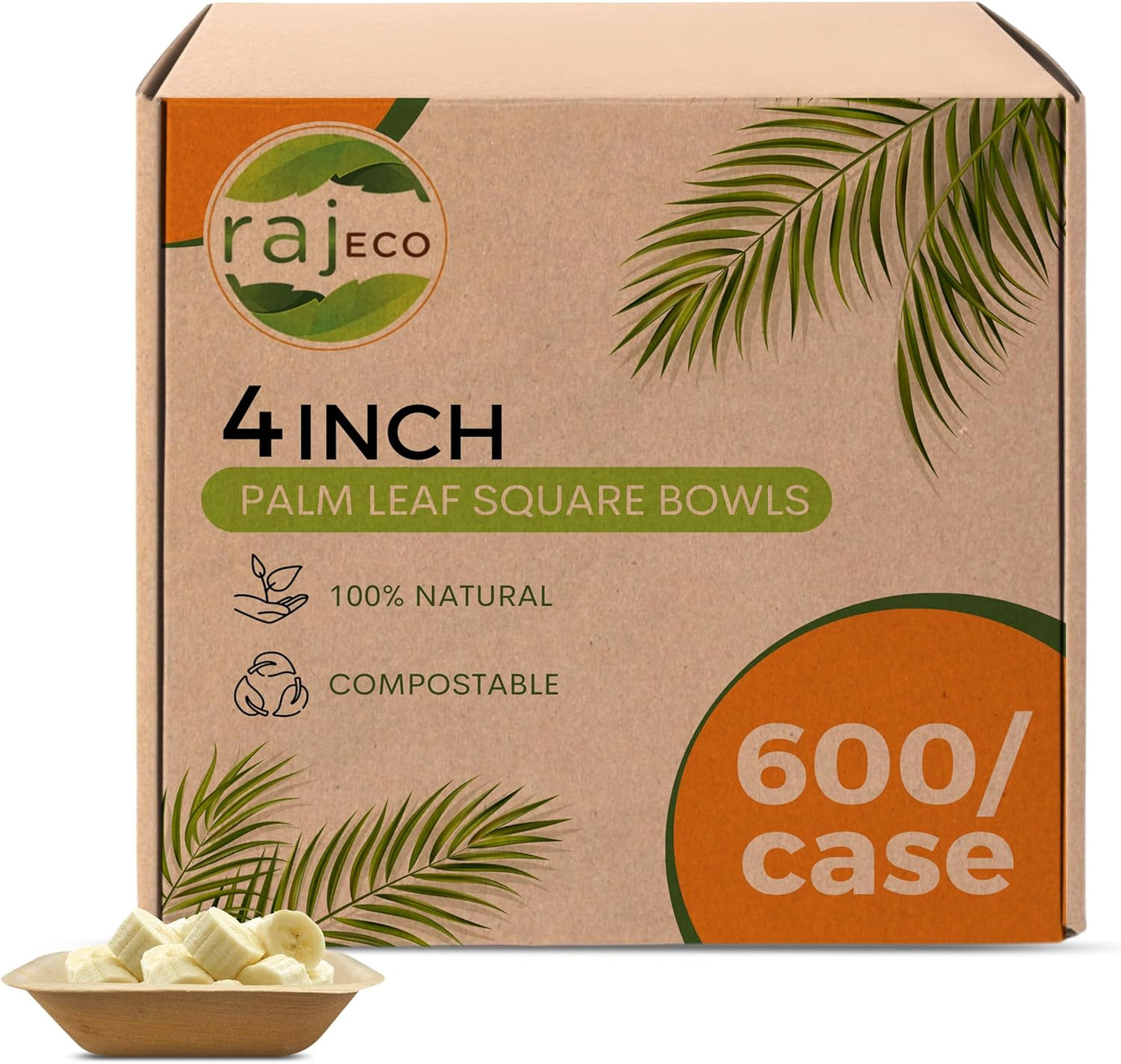 Raj Disposable Palm Leaf Bulk Bowls 4" Square Bowls(6 CASES - 600 PACK) Strong Bowl Like Bamboo Party Bowl - Decorative Compostable Tableware for Lunch, Dinner, Birthday, Outdoor, BBQ, Picnic.
