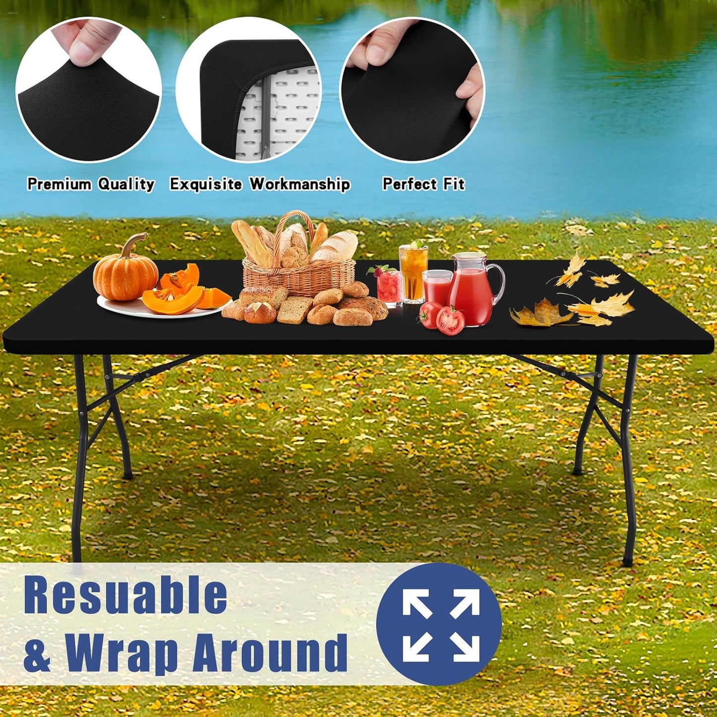 Spandex 8 Foot Rectangle Table Cloth 2 Pack, Elastic Fitted Tablecloths for Picnic, Stretch Washable Patio Table Cover for Outdoor, Camping, Banquet and Parties (Black, 30"x96")