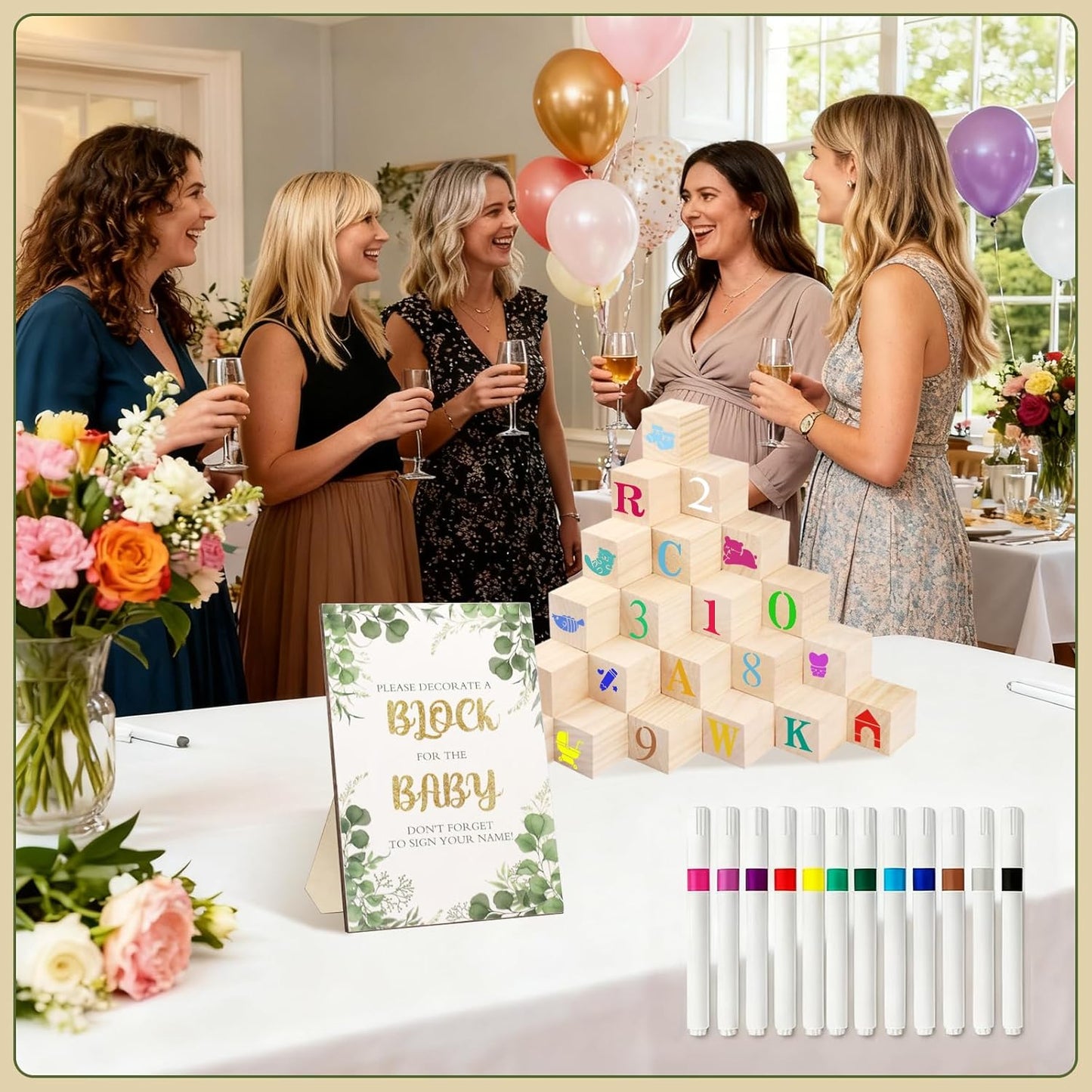 100 Pcs Baby Shower Game Sign Kit Baby Showers Block to Decorate Includes 100 DIY Wooden Blocks 1 Game Sign 12 Colors Pens 76 Templates to Paint Babys Showers Prize for Gender Reveals Party
