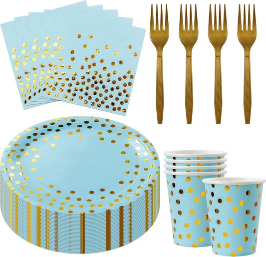 Sveikie160 Pcs blue And Gold Paper Plates, Birthday Cake Party Plates And Napkins, Wedding Disposable Utensils For Birthday Graduation Wedding And Holiday Celebrations Serves 40 (blue)