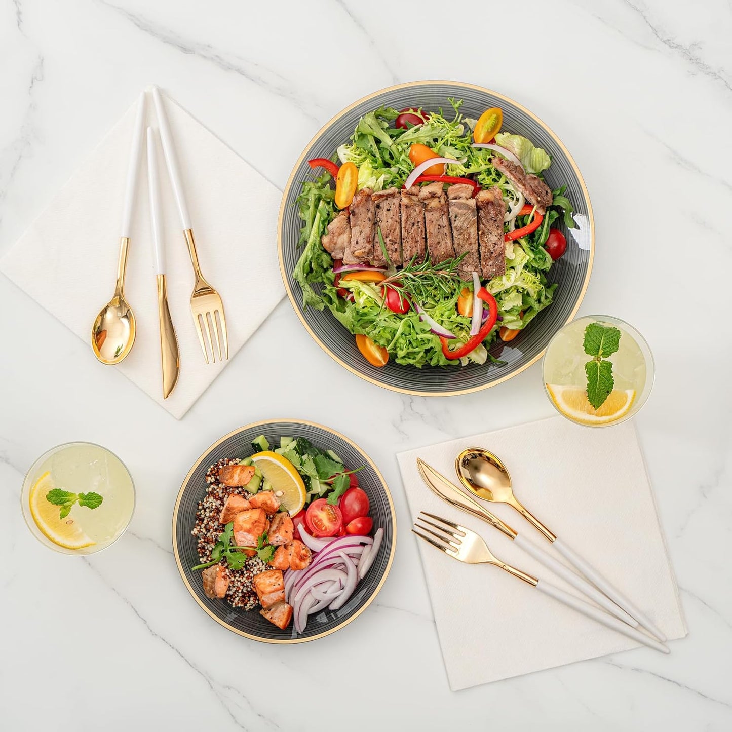 Restaurantware Plastic Plates 200 Pcs 7.13" and 10" Combo Gold Rimmed Plate Set Disposable Heavy-Duty Black Translucent Rippled Plastic Dinner Servers for Party, Weddings, Salads, Desserts