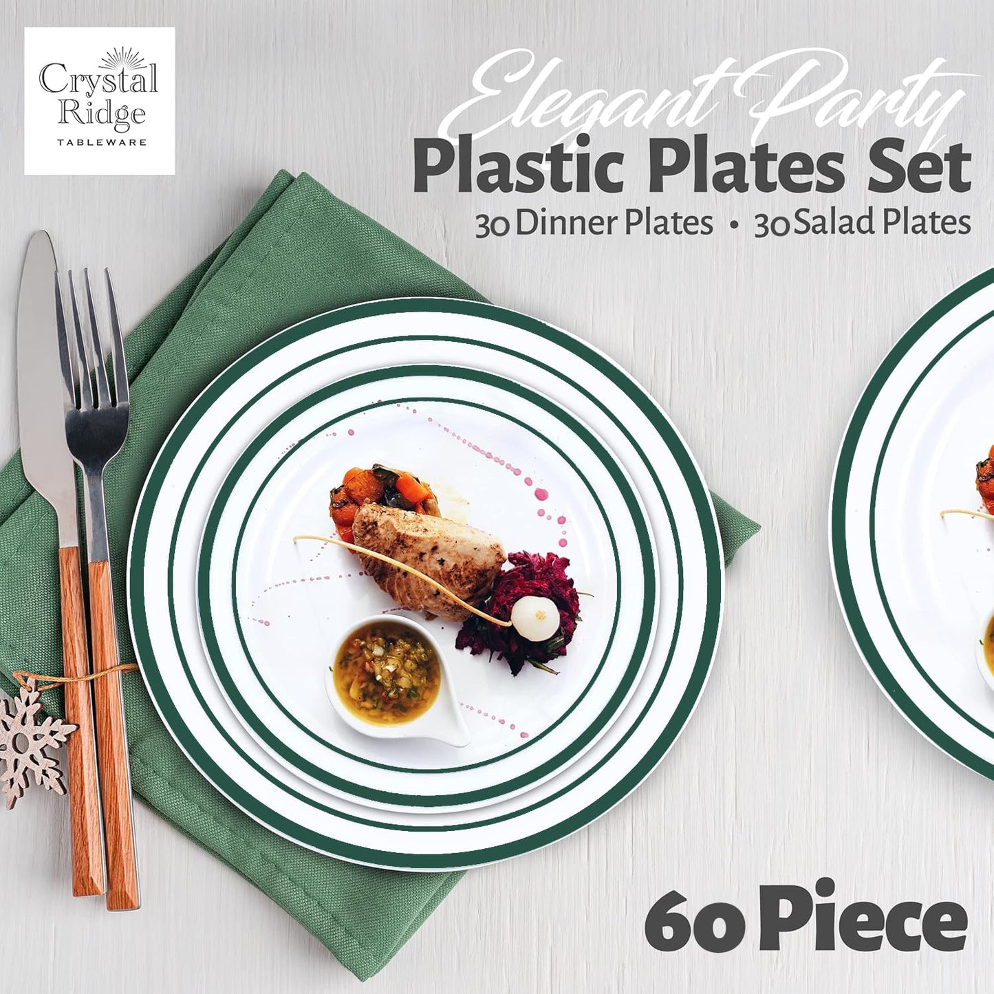 60 Pieces White Plastic Disposable Plates - Premium Heavy-Duty 30 Dinner Plates & 30 Salad Plates with Hunter Green Rim Ideal for Party, Birthday and Special Events