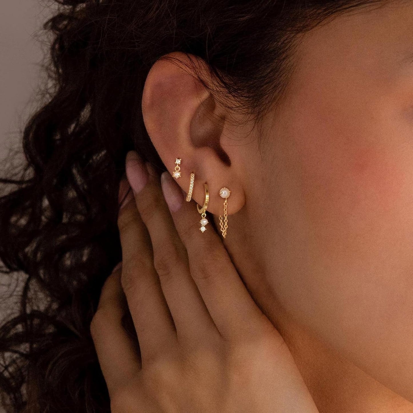 Gold Earrings for Women, 14k Gold Plated Dangle Huggie Earrings for Women Trendy Dainty Gold Hoop Earring Stacks Hypoallergenic Pearl Chain Drop Cartilage Earring Fashion Womens Jewelry