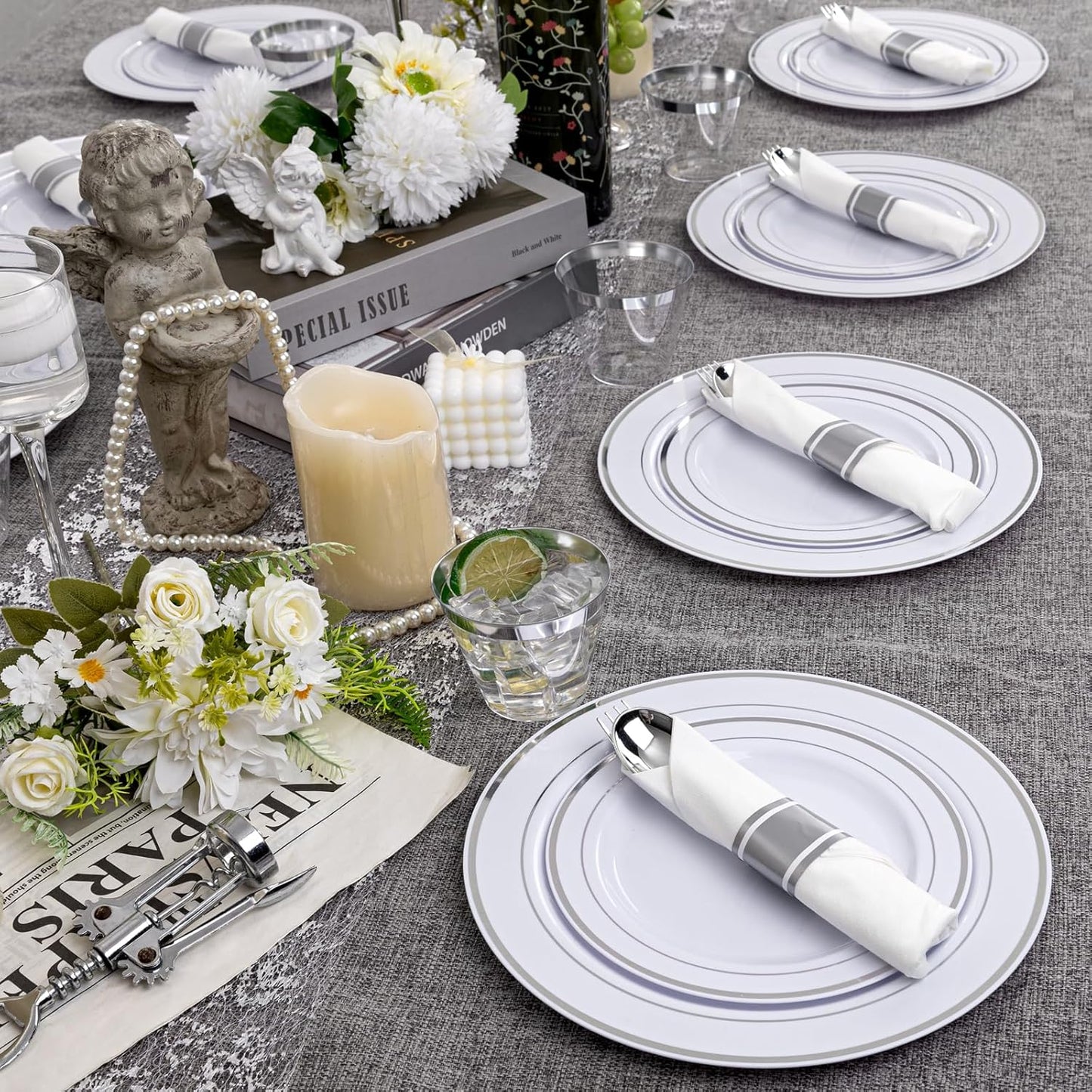 WELLIFE 350-Piece Silver Plastic Dinnerware Set - Disposable 10.25" Dinner Plates, 7.5" Dessert Plates, 9oz Silver Rim Cups & Cutlery for Weddings - 50 Guest Service - Elegant Disposable Silverware