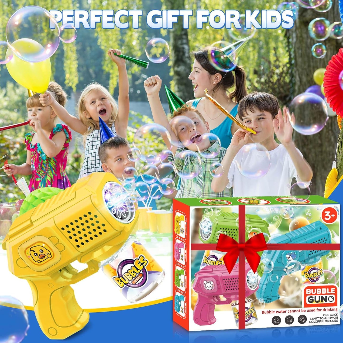 Bubble Guns with Bubble Solution- 3 Pack, Bubbles Gun, Blaster, Blower, Maker, Machine for Boys Girls, Birthday Gifts for Ages 3 4 5 6 7 8 Year Old Kid, Outdoor Toys for Toddlers, Party, Wedding