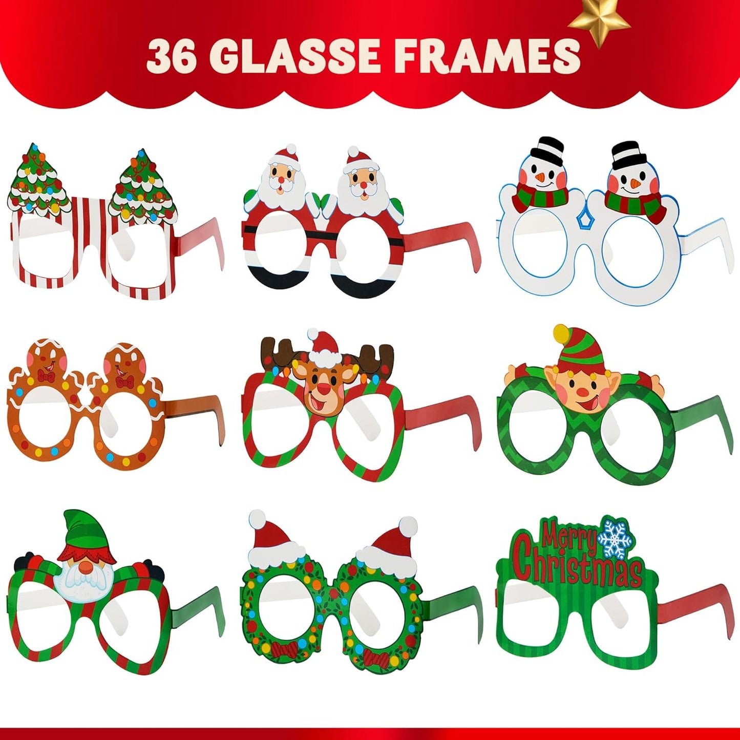 JOYIN 36 Pcs Christmas Paper Eyeglasses, Christmas Party Glasses, Frame Costume Eyeglasses Assorted Designs for Adults and Children for Christmas Party Supplies Photo Booth and Party Favors