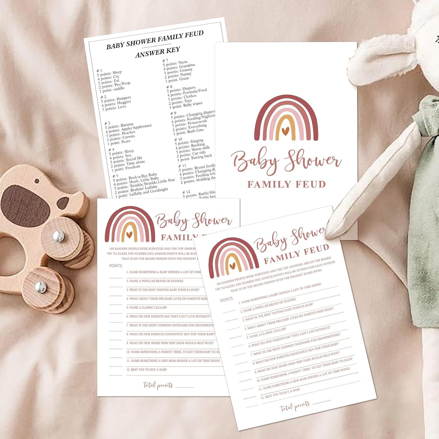 Family Feud Baby Shower Game - Pack of 30 Cards, Answer Key, Rainbow Decorations for Boy & Girl, Feud Game Supplies