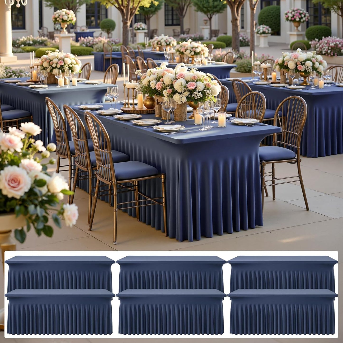 6 pk Navy Blue Spandex Tablecloth 6ft with Ruffled Skirt, Wrinkle Free High Stretch Fitted Tablecloths for 6 Foot Rectangle Tables, Elastic Navy Spandex Table Covers 6 ft for Graduation Wedding Party