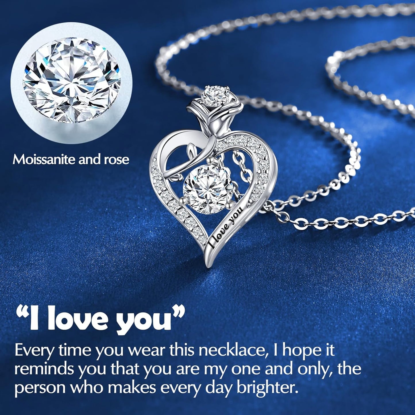 Rose Heart Pendant Necklace Gifts for Wife, Engraved 'I love you' Gift for Wife Girlfriend, Anniversary Birthday Eternity Jewelry Present for Women, Moissanite Necklace Gift for Her