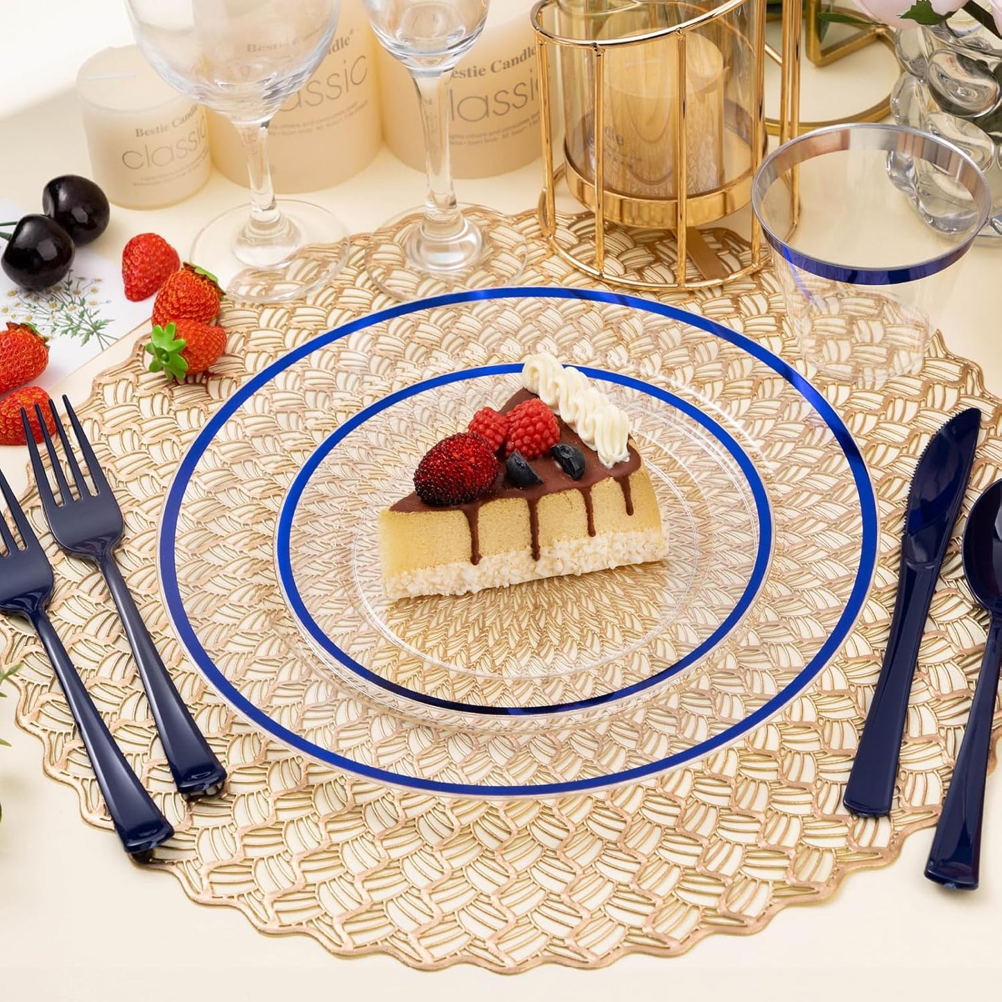 200PCS Blue and Clear Plastic Plates, Blue Disposable Plate Set with 100 Dinner Plate and 100 Dessert Plates for Party, National Day