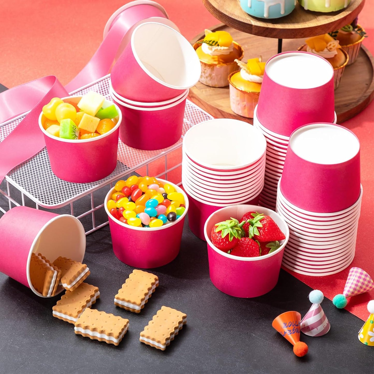 Paper Ice Cream Cups 9oz Colored Disposable Dessert Bowls for Hot or Cold Food Party Cups for Birthday Baby Shower Easter Party Supplies(Hot Pink,60 Pcs)