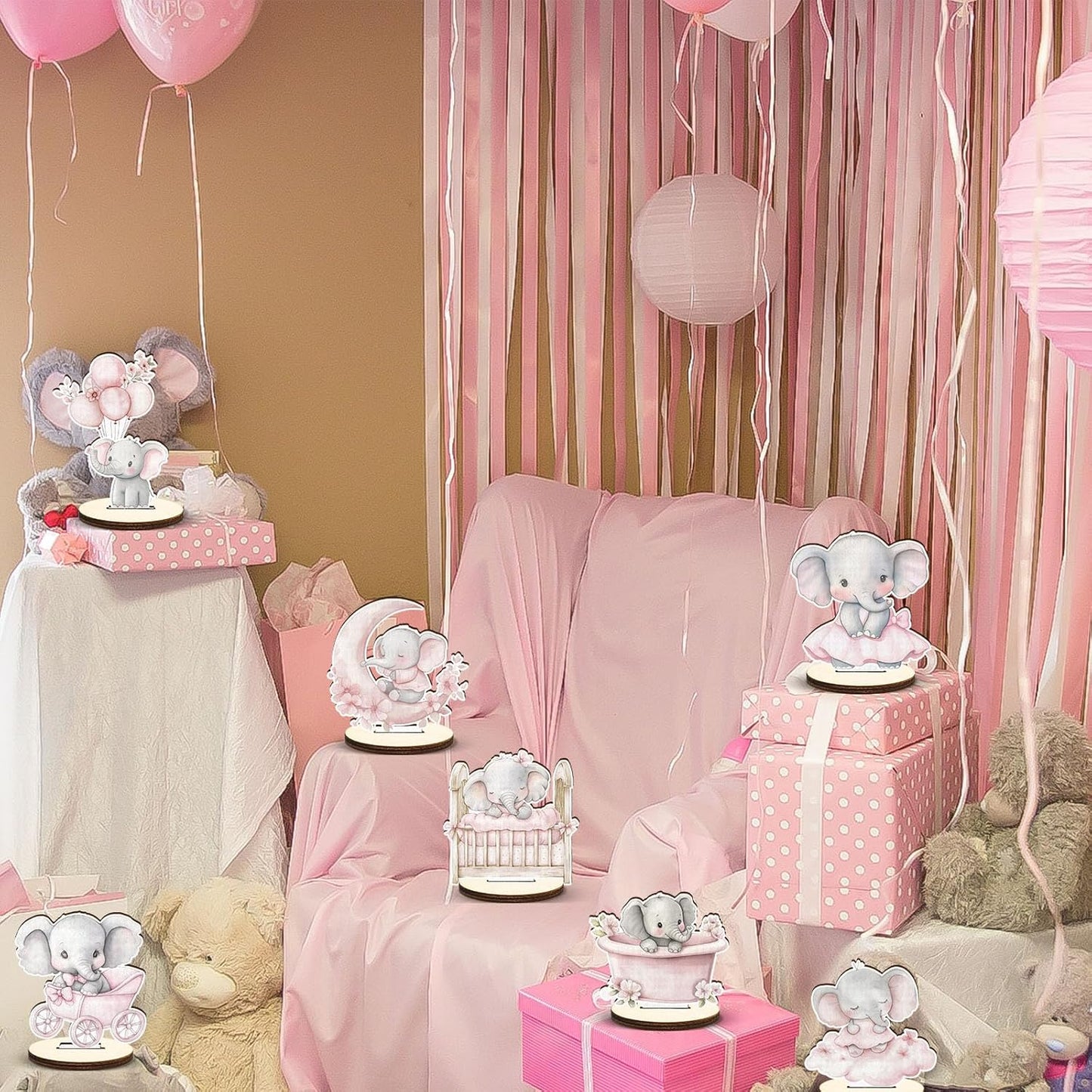 16 Pcs Wooden Baby Shower Table Centerpiece Pink Elephant Tabletop Detachable Sign It's A Girl Gender Reveal Table Toppers Display Decoration Elephant Birthday Photo Props Party Favor Supplies