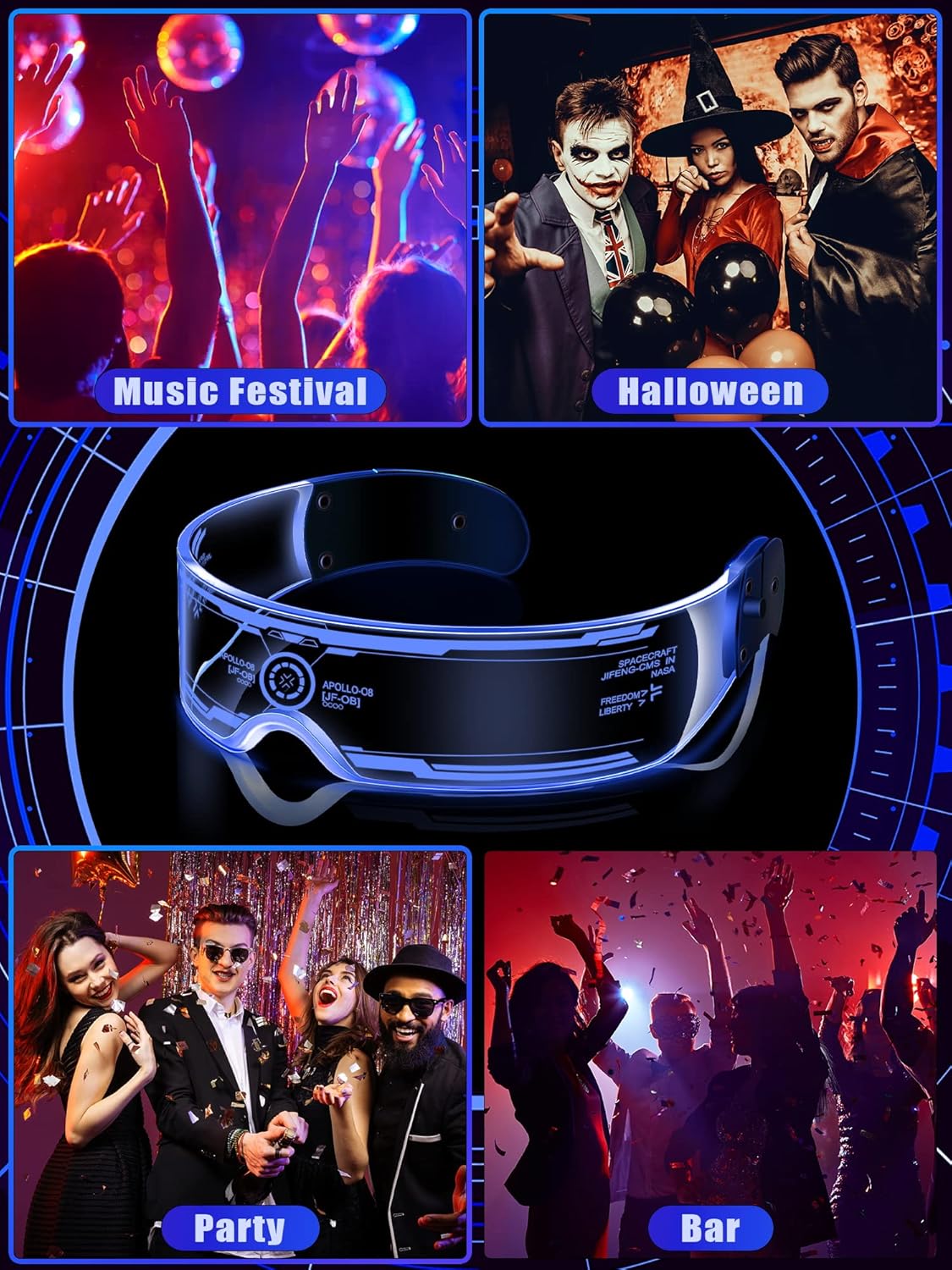 TOODOO 4 Pairs LED Visor Glasses Light up Glasses Futuristic Luminous Rave Glasses 7 Colors 4 Modes for Club Christmas Party