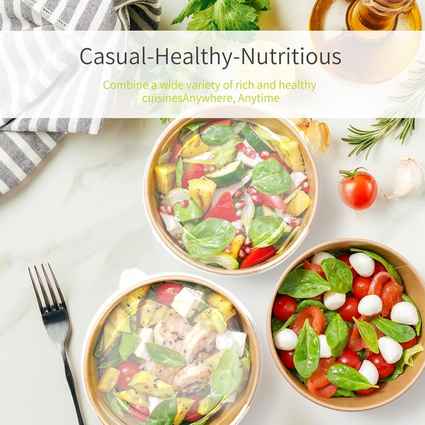 50 Pack 25 oz Paper Bowls with Lids, Disposable Soup Bowls, Heavy-Duty Salad Bowls, in Food Grade Kraft Paper Made, Eco-Friendly Durable No Leakage for Camping, Food Party Dessert Serving Bowls