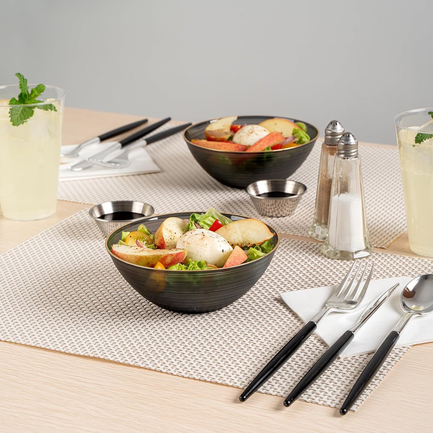 Restaurantware Plastic Bowls 100 Pcs 16 oz Gold Rimmed Disposable Soup Bowls Heavy-Duty Black Translucent Rippled Dinnerware Containers for Party, Desserts, Salads, Snacks, and Catering