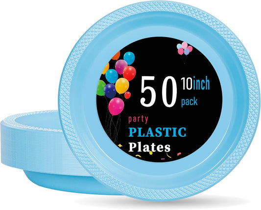 WELLIFE 10 Inch Plastic Plates Light Blue 50 Count Disposable Plate for Party, Large Big Plates for Dinner Party Supplies Birthday Camping BBQ