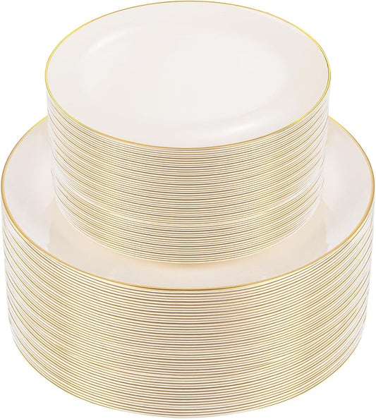 PULOTE 100PCS Ivory Plastic Plates - Cream Plastic Disposable Heavy Duty for Party & Thanksgiving - Include 50 Each (Dinner & Dessert) Plates