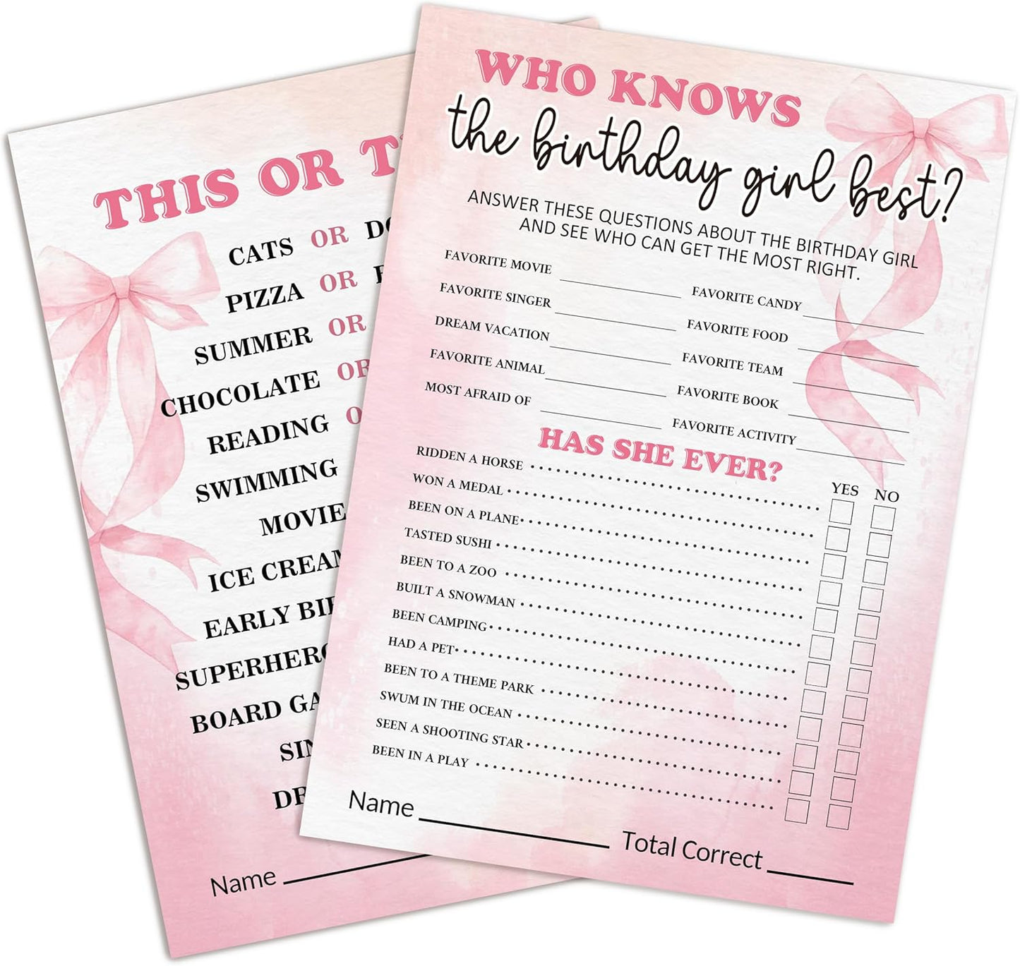 Birthday Party Games Card, Who Knows The Birthday Girl Best, Girls Sleepover Party Supplies for The Girls Card Game, 5x7 Inch Set of 25 Game Cards (Pink, Double-Sided) - A06