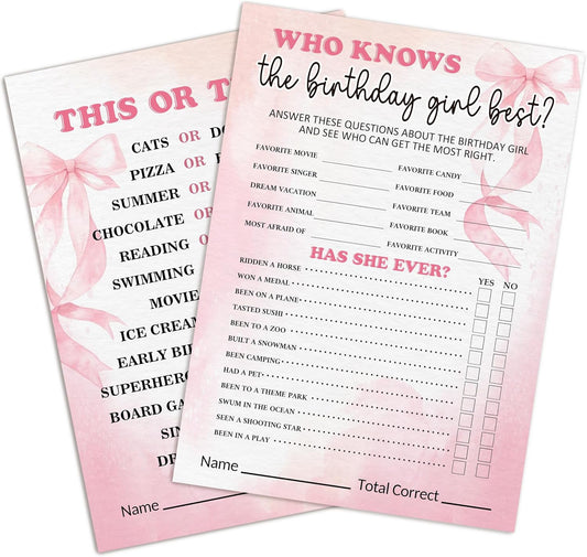 Birthday Party Games Card, Who Knows The Birthday Girl Best, Girls Sleepover Party Supplies for The Girls Card Game, 5x7 Inch Set of 25 Game Cards (Pink, Double-Sided) - A06