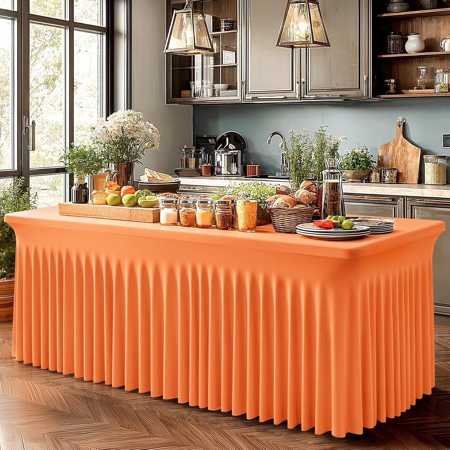 1 Pack Orange Table Clothes for 8 Foot Rectangle Tables, One-Piece Wrinkle Resistant Stretch Spandex Table Covers with Skirt for Event Banquet Wedding Birthday Party