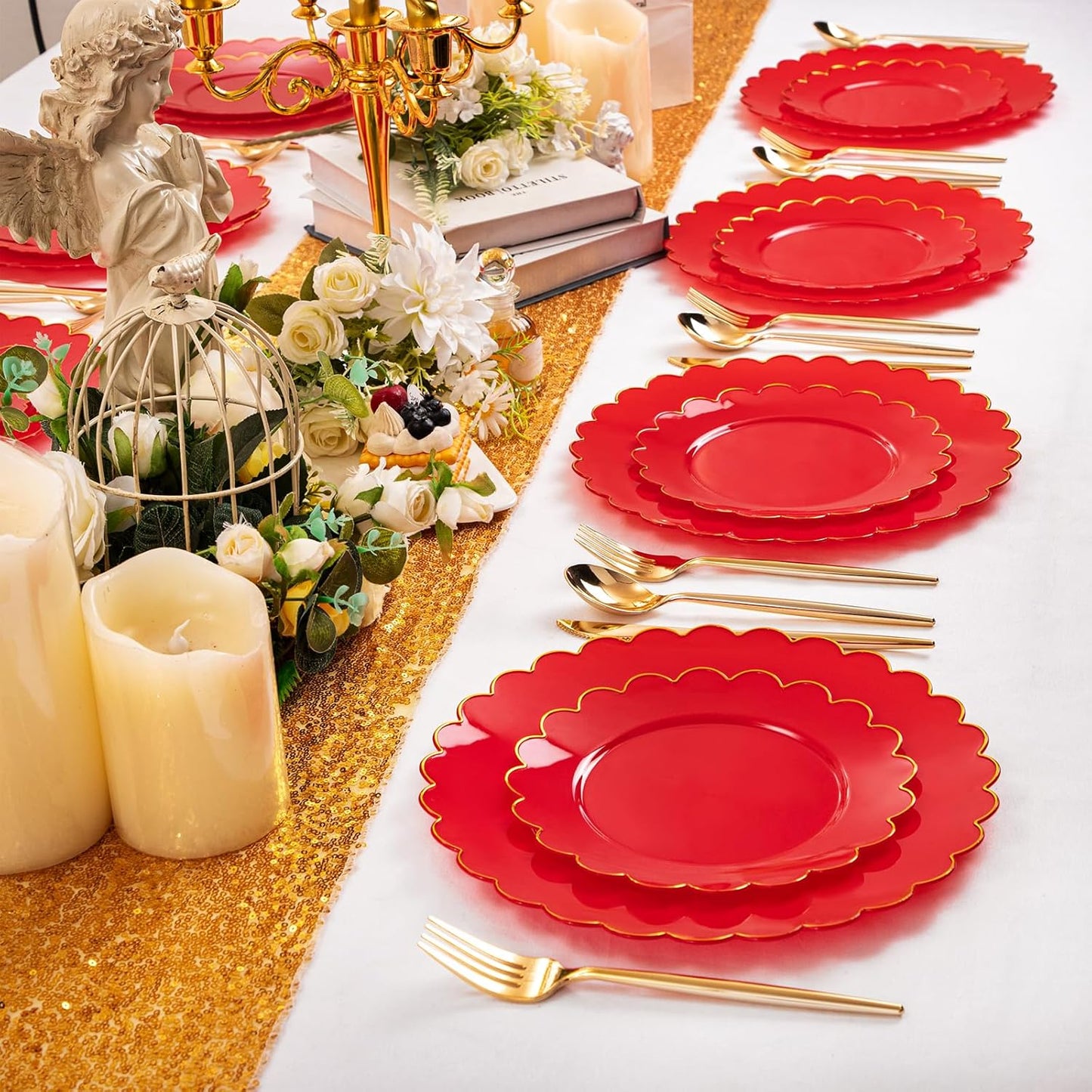 LIYH 60 Pcs Red Scalloped Plastic Christmas Plates with Gold Edge - Red Disposable Plates with Gold Rim Includes 30 Dessert & 30 Dinner Plate Dishes Tableware for Party Christmas Day