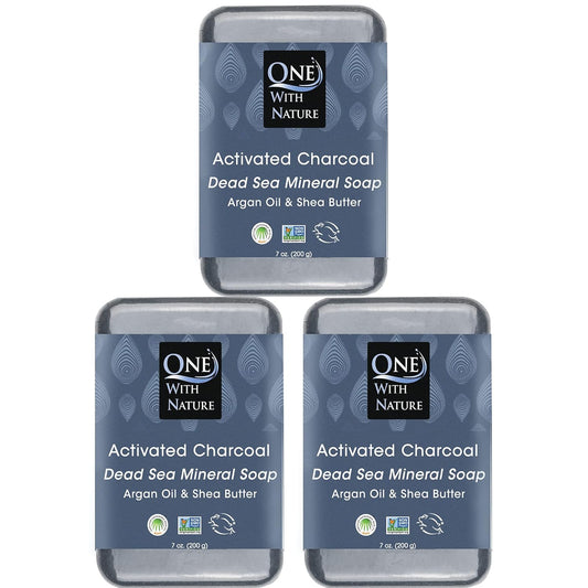 One With Nature Activated Charcoal Soap 7oz 3-Pack – Detoxifying and Exfoliating Charcoal Soap Bar with Dead Sea Salt for Face & Body, for Men & Women